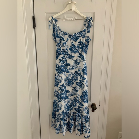 Summery Ruffle Trim Floral Printed Tie Strap Midi Sundress - Blue - Picture 2 of 5